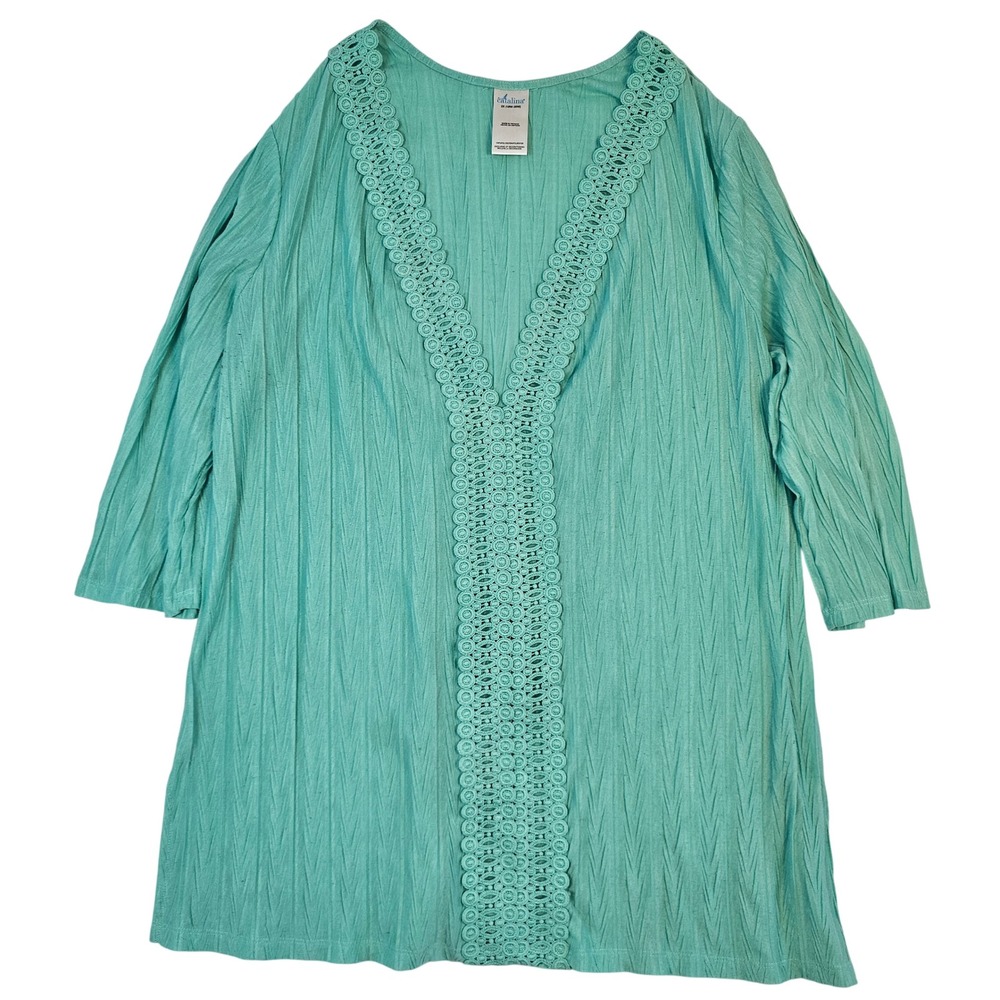 Catalina‎ Aqua Turquoise Crinkle Crochet Trim Swim Cover Up Dress 2X 18W-20W